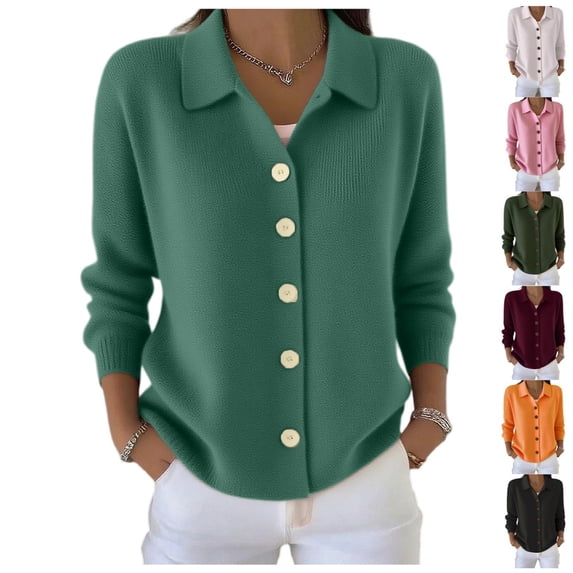Womens Button Up Cardigan Sweaters Chunky Knit Long Sleeve Lapel Collared Tops Fall Winter Fashion Clothes Outfits