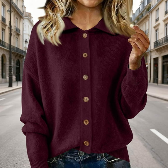 Womens Button Up Cardigan Sweaters Chunky Knit Long Sleeve Lapel Collared Tops Fall Winter Fashion Clothes Wine S