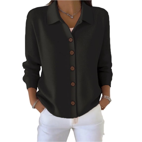 Womens Button Up Cardigan Sweaters Knit Long Sleeve Lapel Collared Tops Fall Winter Fashion Clothes Black M
