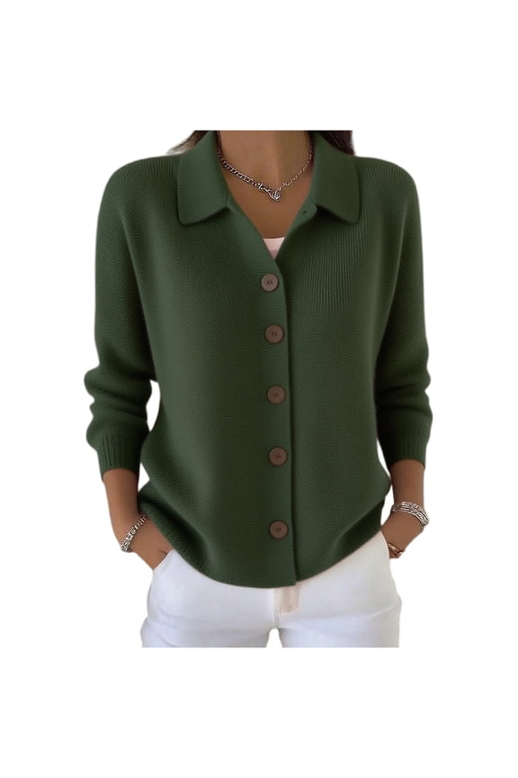 Womens Button Up Cardigan Sweaters Knit Long Sleeve Lapel Collared Tops Fall Winter Fashion Clothes Dark Green S