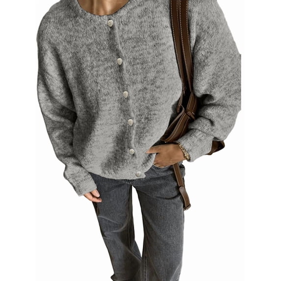 Womens Button Up Cardigan Sweaters Long Sleeve Crew Neck Fall Soft Knit Loose Sweater Tops Flower Gray L