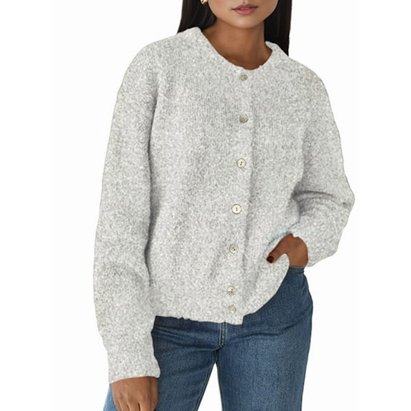 Womens Button Up Cardigan Sweaters Long Sleeve Crew Neck Fall Soft Knit Loose Sweater Tops Light Gray M