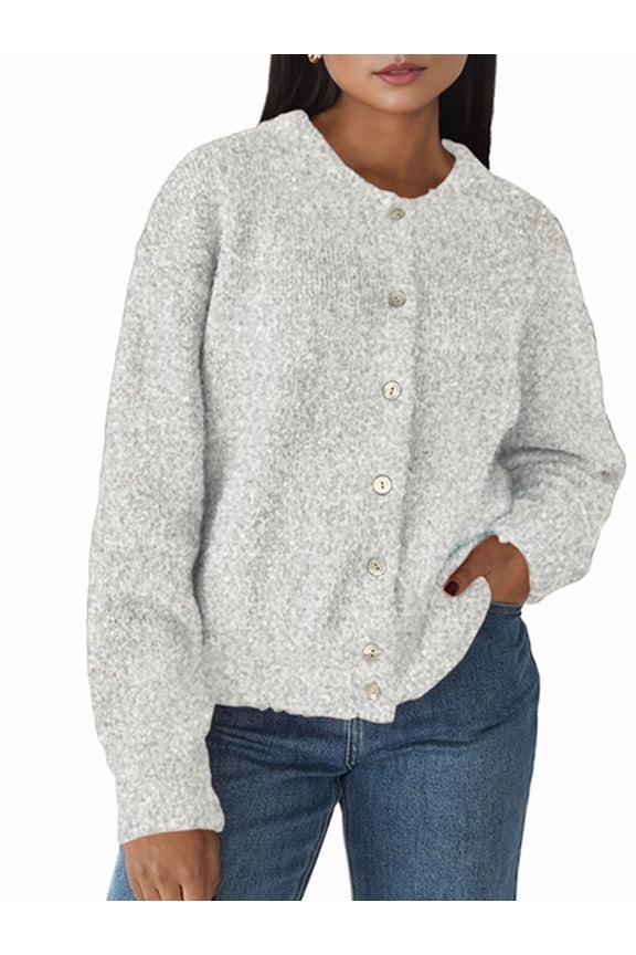 Womens Button Up Cardigan Sweaters Long Sleeve Crew Neck Fall Soft Knit Loose Sweater Tops Light Gray M