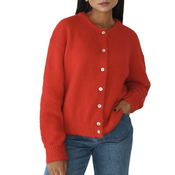 Womens Button Up Cardigan Sweaters Long Sleeve Crew Neck Fall Soft Knit Loose Sweater Tops Red L