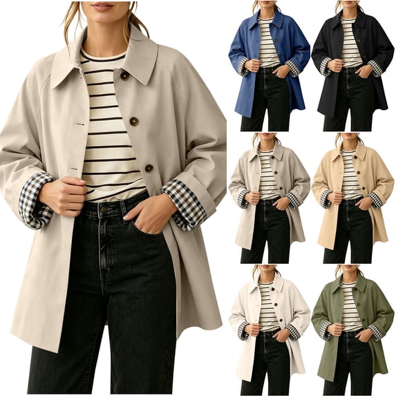 Womens Button Up Casual Jackets Lapel Plaid Lined Long Sleeve Trench Coat with Pocket Loose Trendy Dressy Outerwear