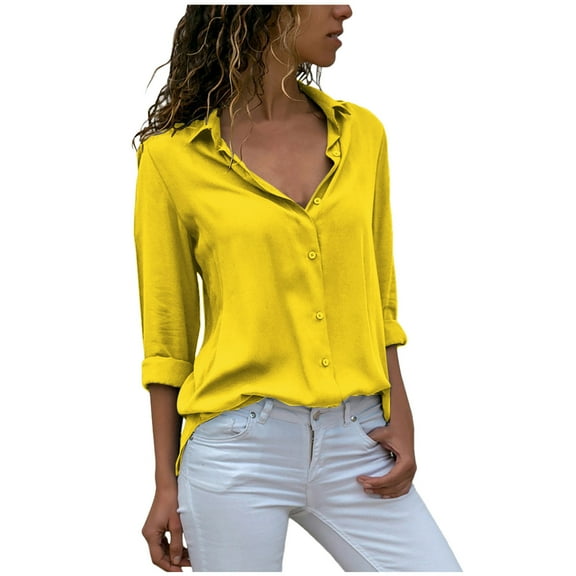Womens Button Up Chiffon Dress Shirts Lapel Long Sleeve Casual Spring Summer Work Office Plus Size Blouses S-6XL (Small, Yellow)
