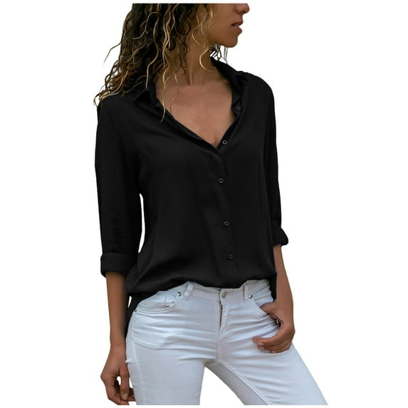 Womens Button Up Chiffon Dress Shirts Lapel Long Sleeve Casual Spring Summer Work Office Plus Size Blouses S-6XL (2XL, Black)