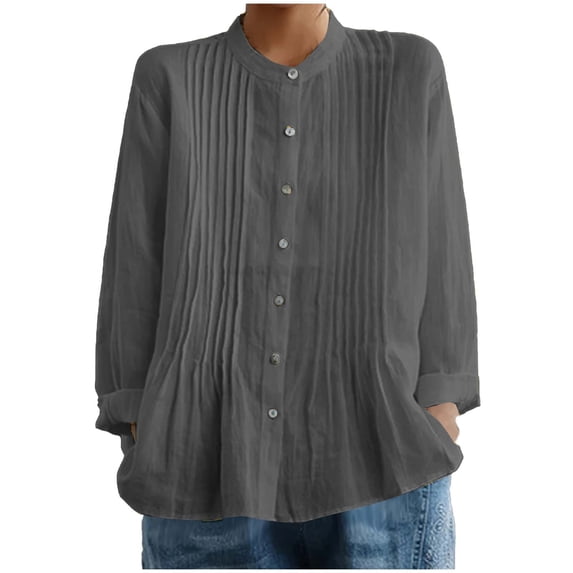 Womens Button Up Cotton Linen Shirts Pleated Dressy Casual Blouses Solid Loose Long Sleeve Summer Spring Tops (2XL, Gray)