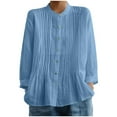 thumbnail image 1 of Womens Button Up Cotton Linen Shirts Pleated Dressy Casual Blouses Solid Loose Long Sleeve Summer Spring Tops (2XL, Light Blue), 1 of 6