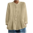 thumbnail image 1 of Womens Button Up Cotton Linen Shirts Pleated Dressy Casual Blouses Solid Loose Long Sleeve Summer Spring Tops (XL, Khaki), 1 of 7