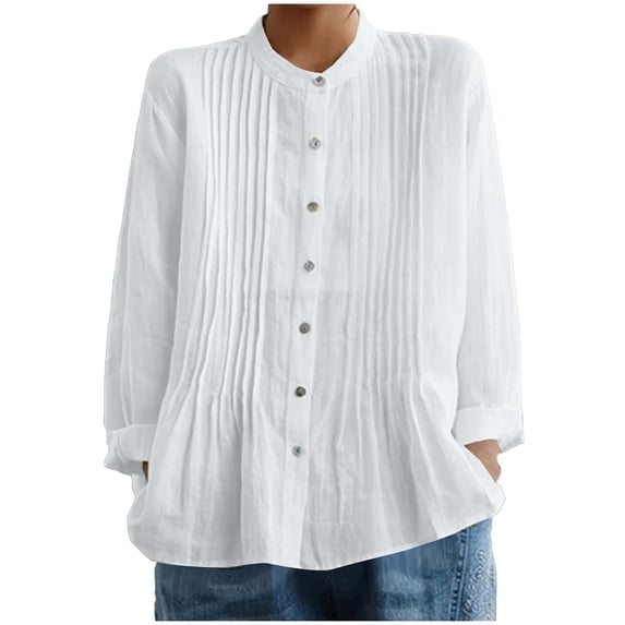 Womens Button Up Cotton Linen Shirts Pleated Dressy Casual Blouses Solid Loose Long Sleeve Summer Spring Tops (XL, White)