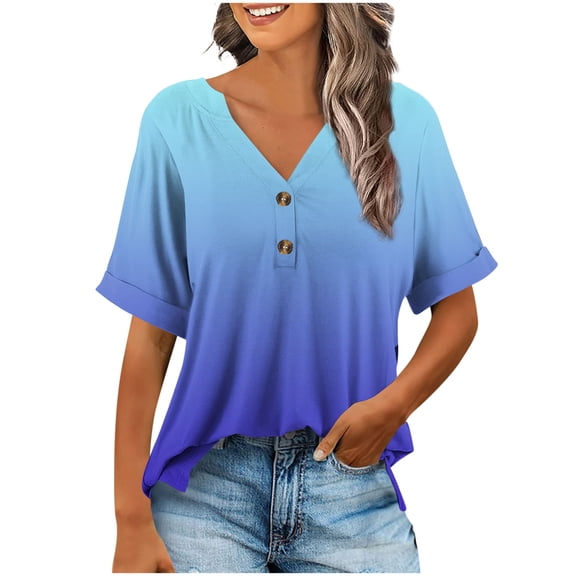 Womens Button Up Dressy Blouses, 3/4 Sleeve Shirts for Women Summer Fashion Loose Fit Ombre Tie Dye V Neck T-Shirts