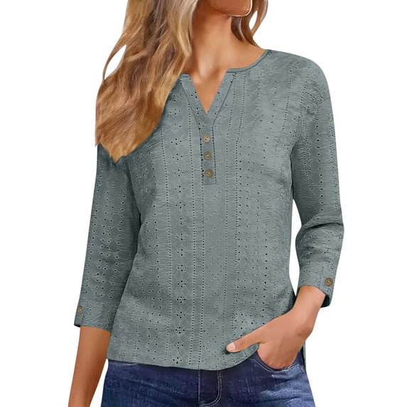 Womens Button Up Eyelet Tops, 3/4 Sleeve Shirts for Women Plus Size Casual Hollow Solid Color Notch V Neck Dressy Blouses
