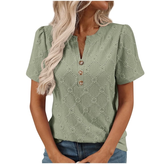 Womens Button Up Eyelet Tops, Short Sleeve Shirts for Women Casual Loose Fit Solid Color Hollow Notch V Neck Dressy Blouses