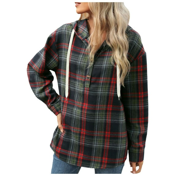 Womens Button Up Hoodies Fall Winter Fashion Plaid Printed Pullover Shirts Long Sleeve Casual Hooded Tops
