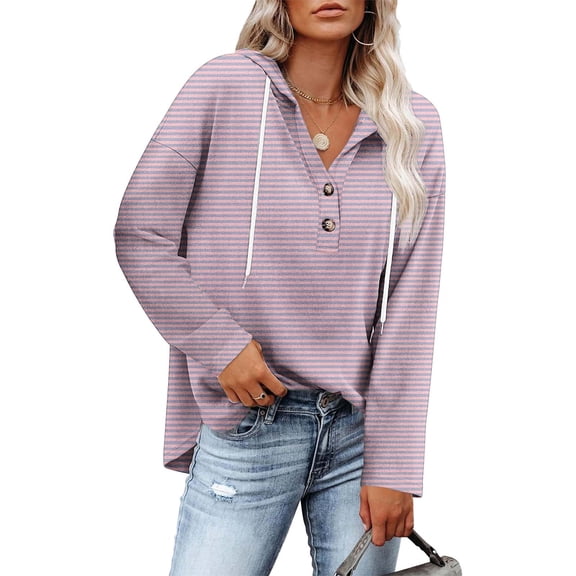 Womens Button Up Hoodies, Long Sleeve Shirts for Women Fall Fashion Loose Fit Striped Printed Drawstring Hooded Sweatshirts