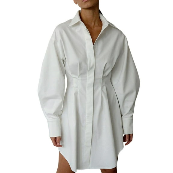 Womens Button Up Long Sleeve Mini T Shirt Dress Lapel Collar Pleated Flared Short Dresses White L