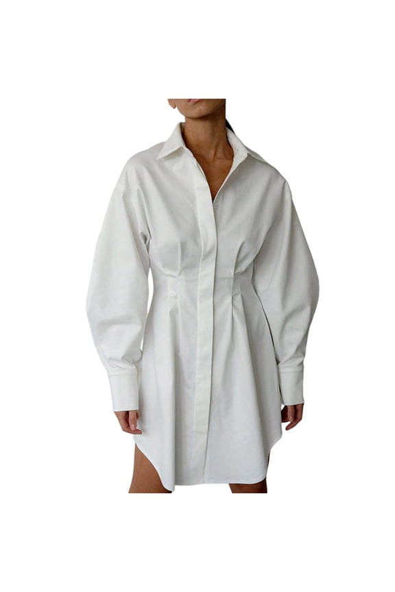 Womens Button Up Long Sleeve Mini T Shirt Dress Lapel Collar Pleated Flared Short Dresses White S
