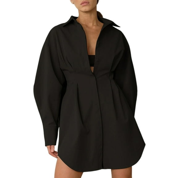 Womens Button Up Long Sleeve Mini T Shirt Dress Lapel Collar Pleated Flared Short Dresses