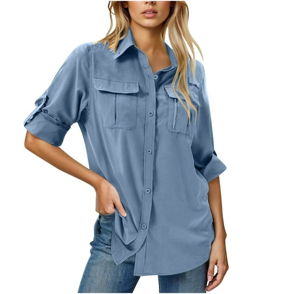 Womens Button Up Safari Shirts Long Sleeve Quick Dry UPF 50  UV Sun Protection Tops for Outdoor Fishing Hiking (L, Blue)
