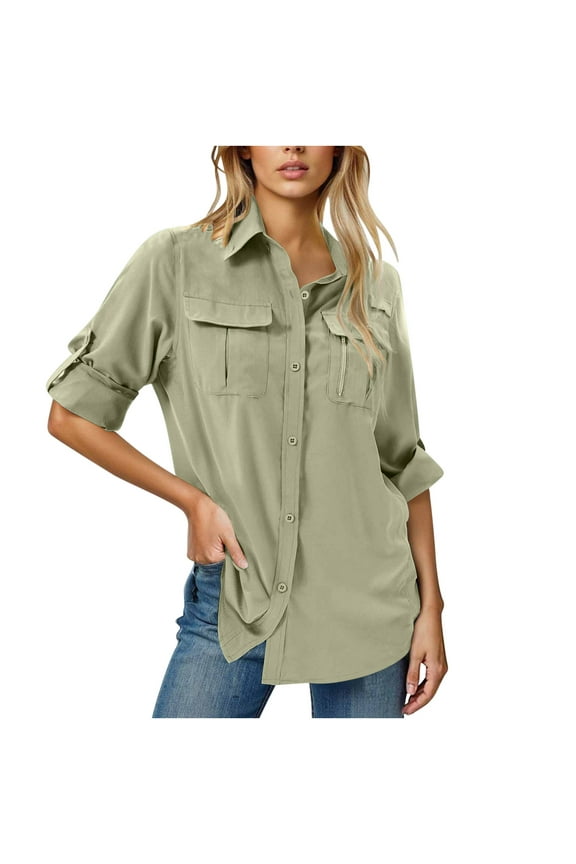 Womens Button Up Safari Shirts Long Sleeve Quick Dry UPF 50+ UV Sun Protection Tops for Outdoor Fishing Hiking (L, Khaki)
