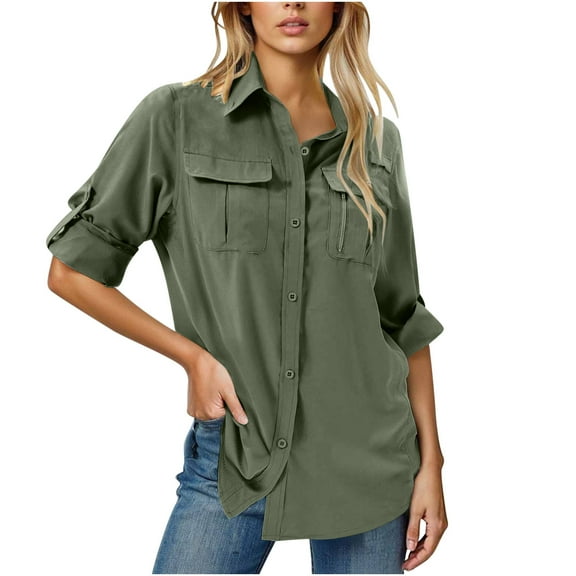 Womens Button Up Safari Shirts Long Sleeve Quick Dry UPF 50 UV Sun Protection Tops for Outdoor Fishing Hiking (M, Army Green)