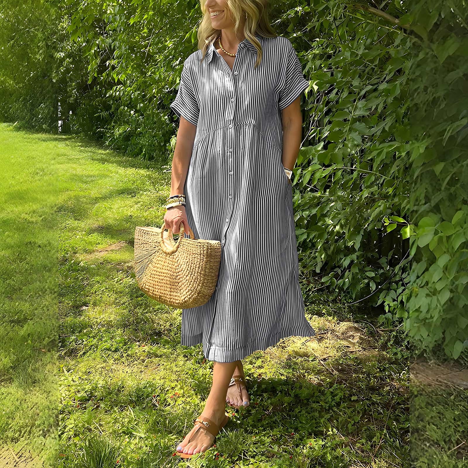 casual summer travel dresses Womens Button Up Shirt Dress with Pockets Striped Mid Long Dress Collared Short Sleeve Dress (L, Gray) COLOR:Noir Open-Back Long White Lace Season:2025 Winter European summer It is suitable for