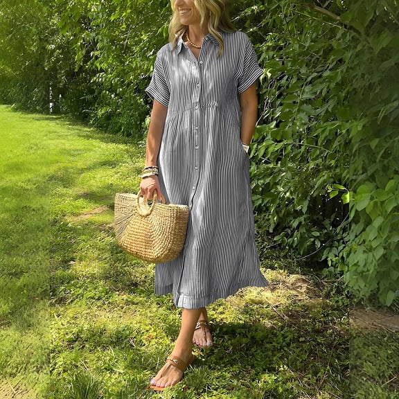 Womens Button Up Shirt Dress with Pockets Striped Summer Casual Mid Long Dress Collared Short Sleeve Travel Dress (XL, Gray)