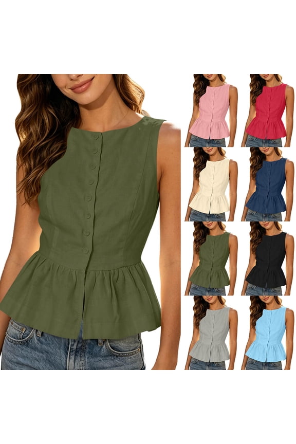 Womens Button Up Shirt Sleeveless Ruffled Dressy Casual Blouses Trendy Summer Trendy Crop Tops with Pleats (XL, Army Green)