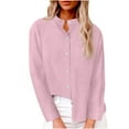 thumbnail image 1 of Womens Button Up Shirts 3/4 Sleeve Collarless Solid Color Loose Button Down Blouses for Women Summer Fall Casual (2XL, Pink|Long-sleeve), 1 of 5