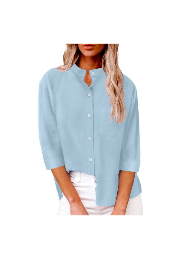 Womens Button Up Shirts 3/4 Sleeve Collarless Solid Color Loose Button Down Blouses for Women Summer Fall Casual (L, Sky Blue)