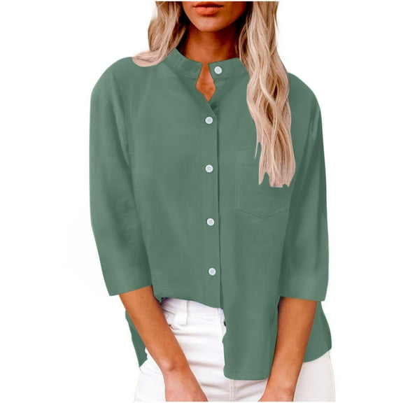 Womens Button Up Shirts 3/4 Sleeve Collarless Solid Color Loose Button Down Blouses for Women Summer Fall Casual (M, Green)