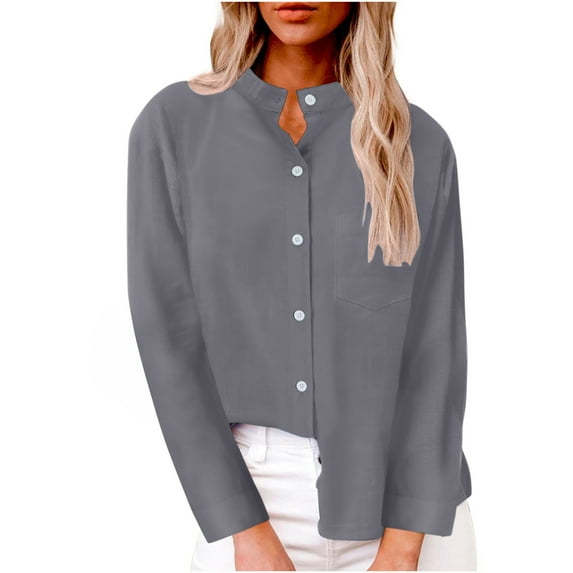 Womens Button Up Shirts 3/4 Sleeve Collarless Solid Color Loose Button Down Blouses for Women Summer Fall Casual (S, Gray|Long-sleeve)