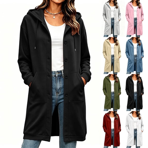 Womens Button-Up Sweatshirt Drawstring Button Down Loose Long Sleeve Casual Solid Color Mid Length Hoodie Coat with Pockets M