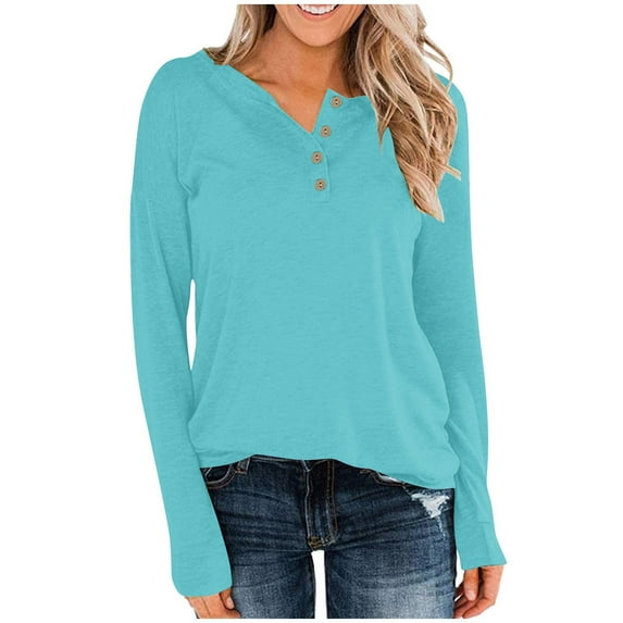 Womens Button Up T-Shirts, Long Sleeve Shirts for Women Fall Plus Size Casual Solid Color Crewneck Tees Tops S-3XL