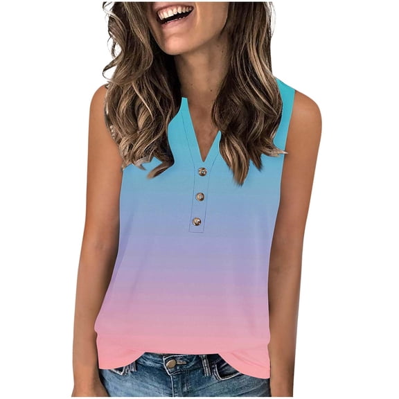 Womens Button Up Tank Tops, Sleeveless Shirts for Women Summer Fashion Loose Fit Ombre Tie Dye Notch V Neck Dressy Blouses
