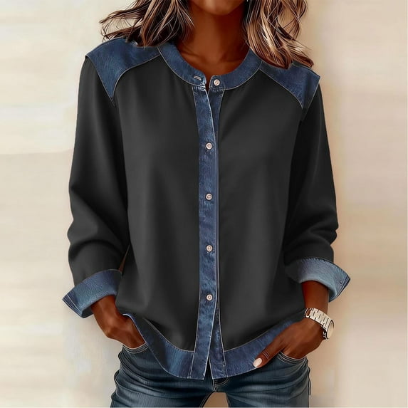 Womens Button Up Tops Patchwork Denim Cardigan Color Dark Gray Size M