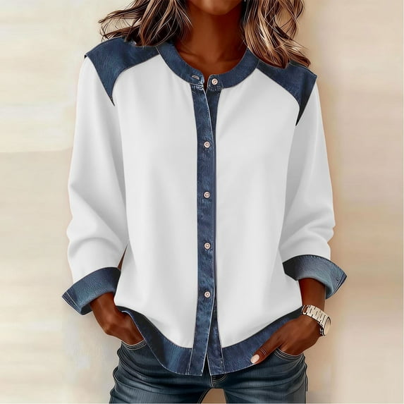 Womens Button Up Tops Patchwork Denim Cardigan Color White Size L