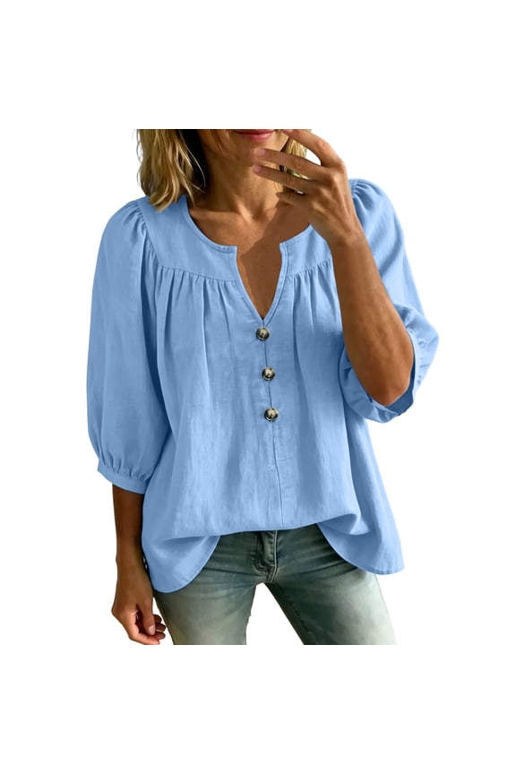 Womens Button V Neck Shirts Puff 3/4 Length Sleeve Ruched Front Flowy Tunic Blouses Pullover Fashion Outdoor Summer Fall Tops