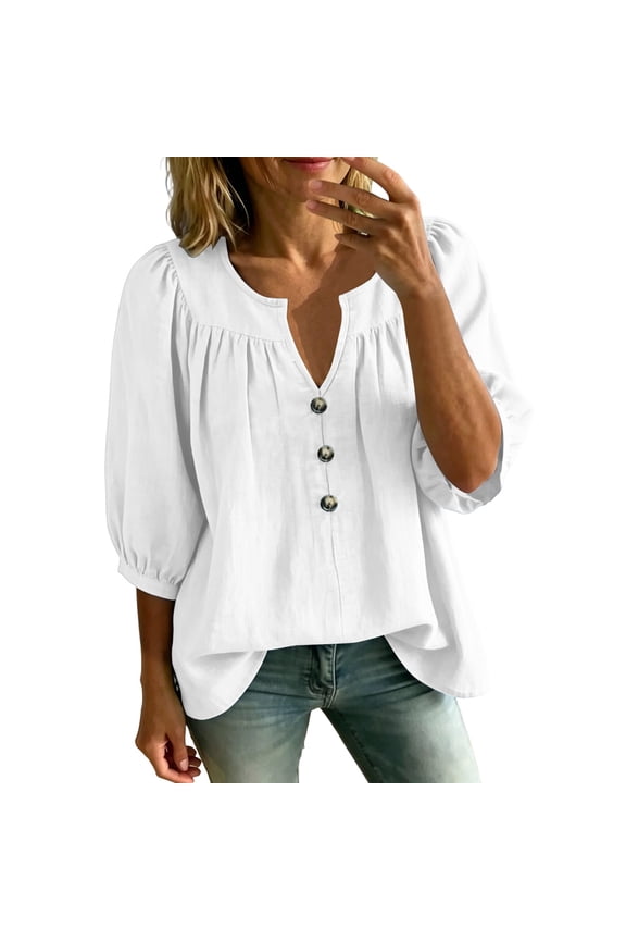 Womens Button V Neck Shirts Puff 3/4 Length Sleeve Ruched Front Flowy Tunic Blouses Pullover Fashion Outdoor Summer Fall Tops