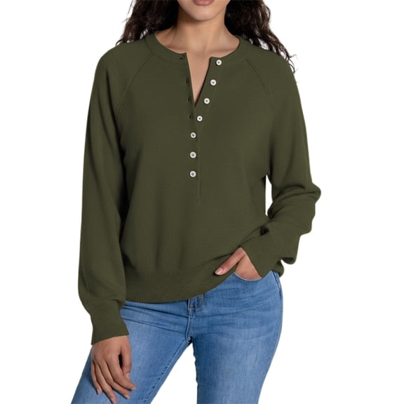 Womens Button V-Neck Sweaters Fall Long Sleeve Henley Dressy Casual Tunic Tops Lightweight Comfy Soft Loose Fit Blouses
