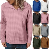 Womens Button V Neck Waffle Knit Sweatshirt Casual Long Sleeve Loose Henley Pullover Tops Lightweight Trendy Fall Outfits