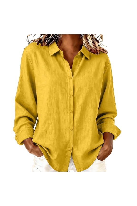 Womens Button down Linen Shirts Long Sleeve Work Casual Blouses Lapel Collared Relaxed Fit Lightweight Comfy Tops 2026 Spring Clothing Yellow M