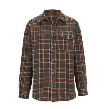 Womens Button down Shirts Basic Plaid Work Tops Casual Loose Laple Long Sleeve Tshirts with Pocket