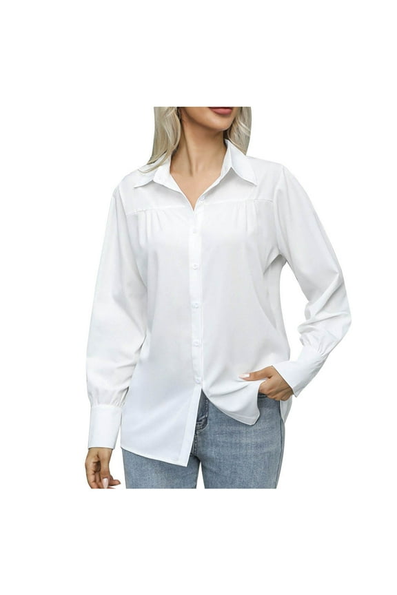 Womens Button down Shirts Formal Work Office Laple Long Sleeve Tshirts Solid Color Pleated Tops Tee Shirts