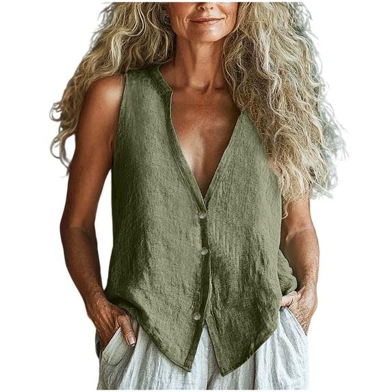 Womens Button down Vests Deep V Neck Cotton Linen Sleeveless Tank Tops Summer Trendy Boho Casual Tanks Waistcoats
