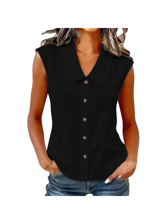 Womens Button up Shirts Sleeveless Women's Tops, Tees & Blouses Womens Summer Tops Work Shirts for Women Blouses for Women Business Casual,Black,L