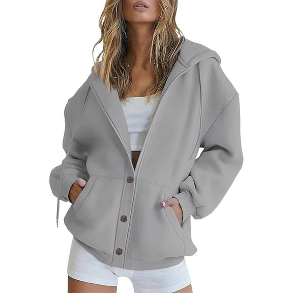 Womens Button up Sweatshirts Jackets, Long Sleeve Oversized Fleece Lined Hooded Cardigan, Fall Warm Loungewear Jackets Coat with Pockets Gray XL