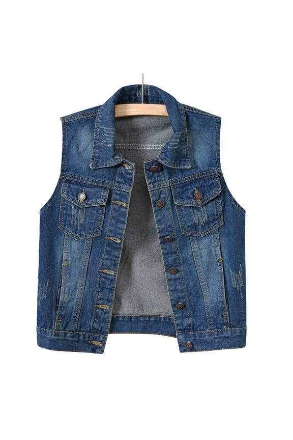 Womens Buttoned Washed Denim Jacket Sleeveless Crop Vest Long Denim Jacket Women Fitted Jacket for Women Slouchy Jean Jacket Color Sleeve Oversized Sleeve Women Jean Jacket Decorated Jean Jacket