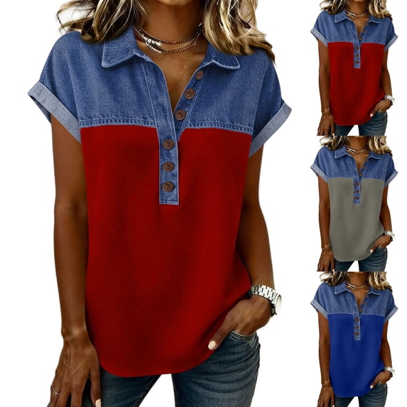 Womens Buttons Decor Patchwork Western Shirts Denim Splicing Summer Tops Collared V Neck Dressy T-Shirt Gray XL